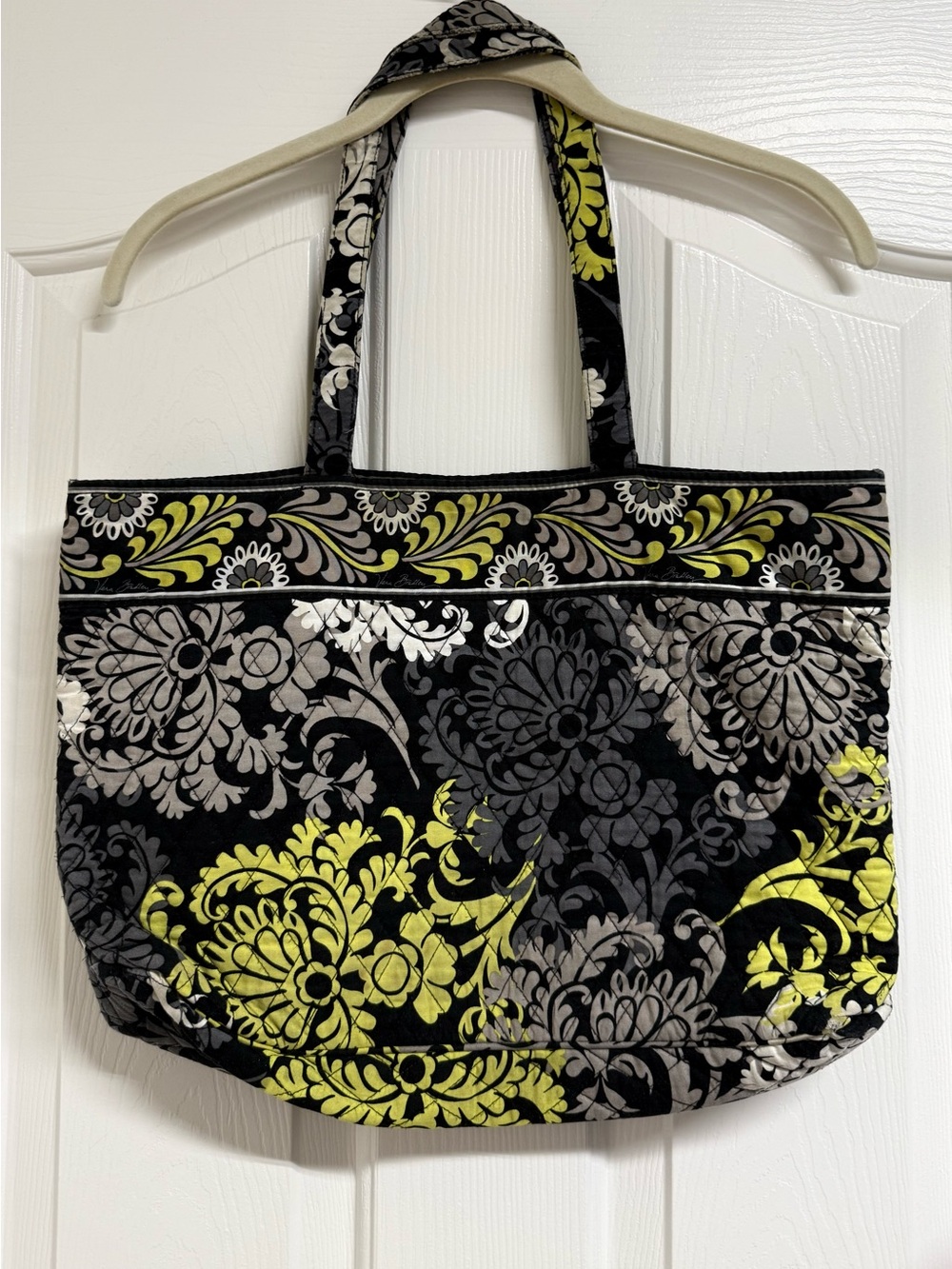 Vera Bradley Vintage Quilted Floral Tote Bag in Black, Gray & Yellow-Green